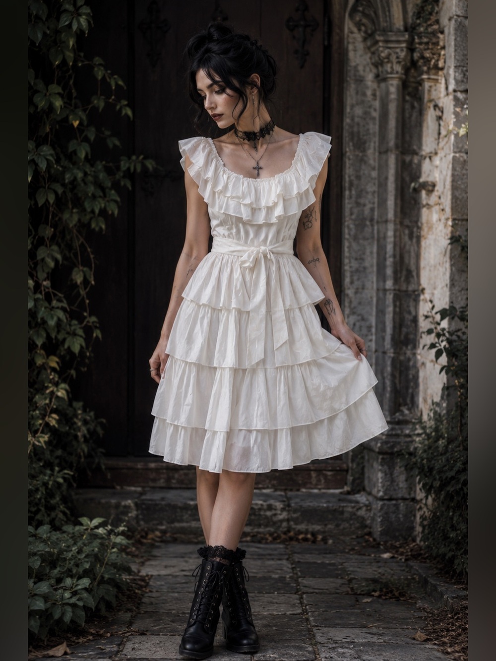 Vintage 60’s-70’s Candi Jones Size 7 Ivory Ruffle Tiered Sateen Dress with Sash,